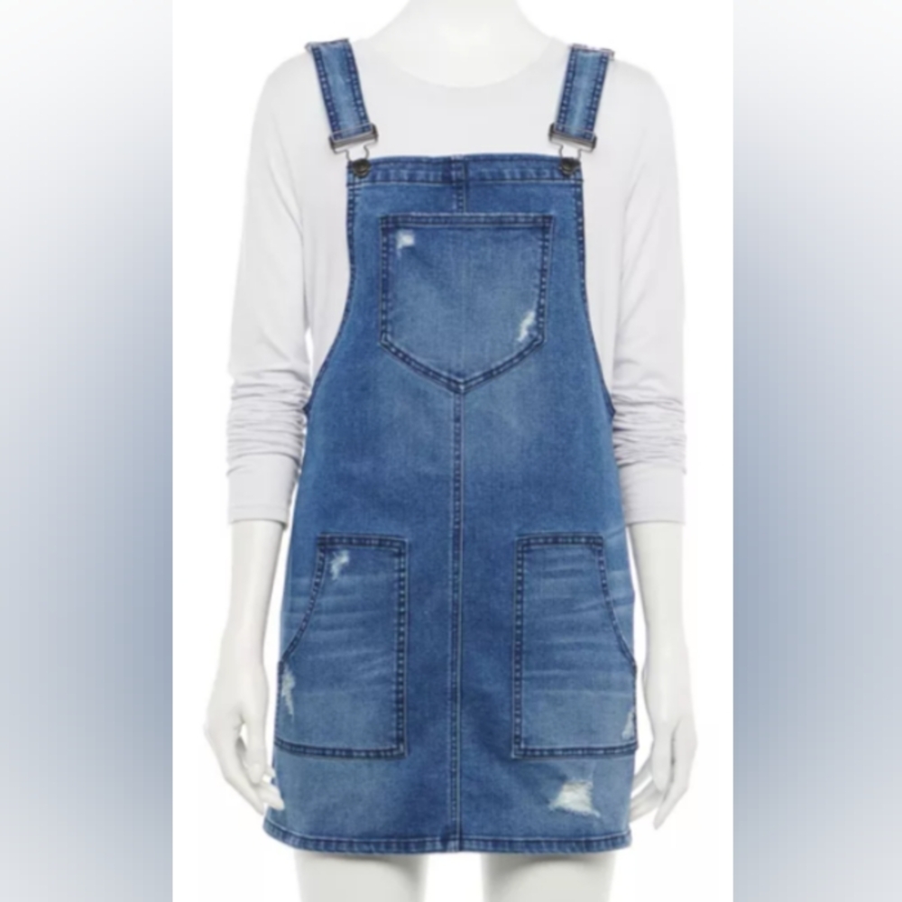SO Denim Overall Dress Distressed Pockets Mini Jean Dress Sz XL